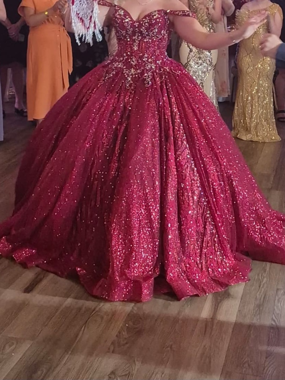 Sparkling Off-Shoulder Ball Gown Prom Dress in Burgundy